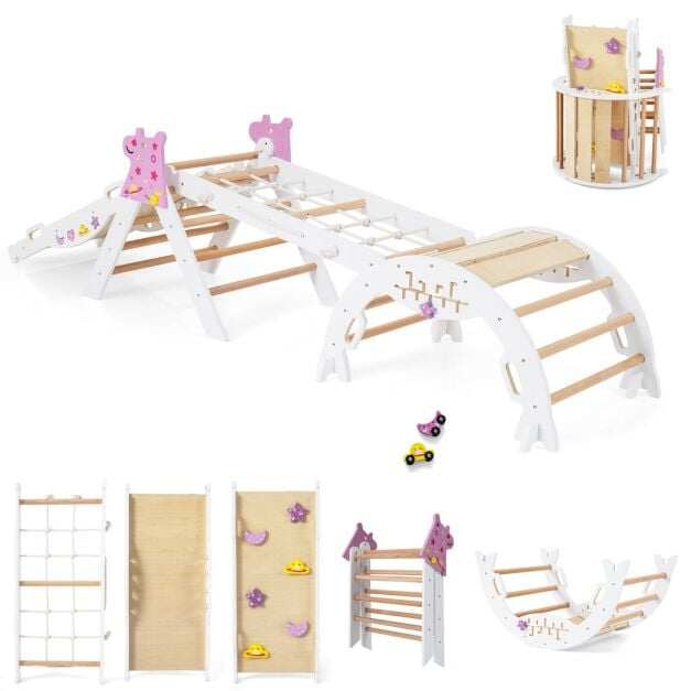 Costway Triangle Baby Climbing Toys, Foldable Wooden Montessori Climbing Set, Indoor Play Area with Arch and Ramp, White Costway Triangle Baby Climbing Toys, Foldable Wooden Montessori Climbing Set, Indoor Play Area with Arch and Ramp, White