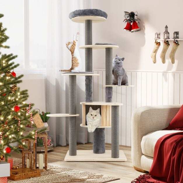 172 CM Cat Tree Multi-level Cat Tower with Comfy Padded Top Perch and Detachable Mats-Grey 172 CM Cat Tree Multi-level Cat Tower with Comfy Padded Top Perch and Detachable Mats-Grey