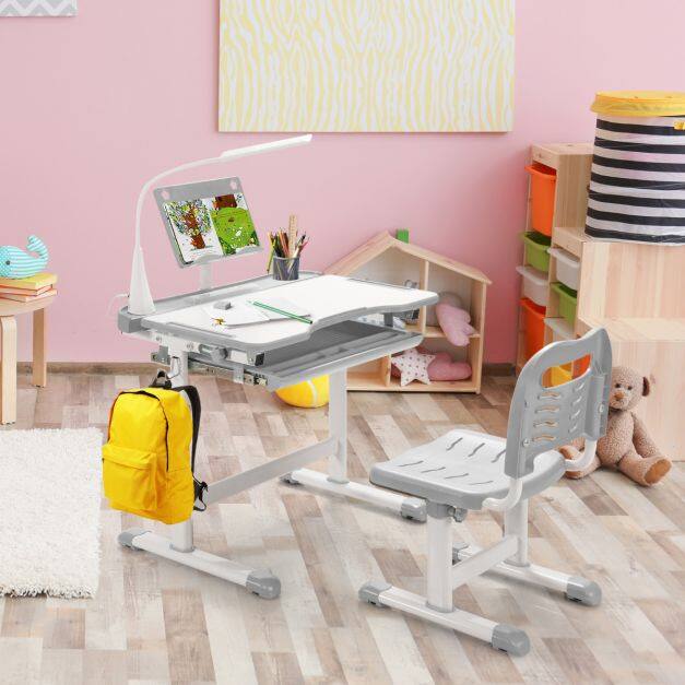 Kids Desk and Chair Set with LED Lighting, Sloping Top and Height Adjustable Pull-Out Drawer, Grey