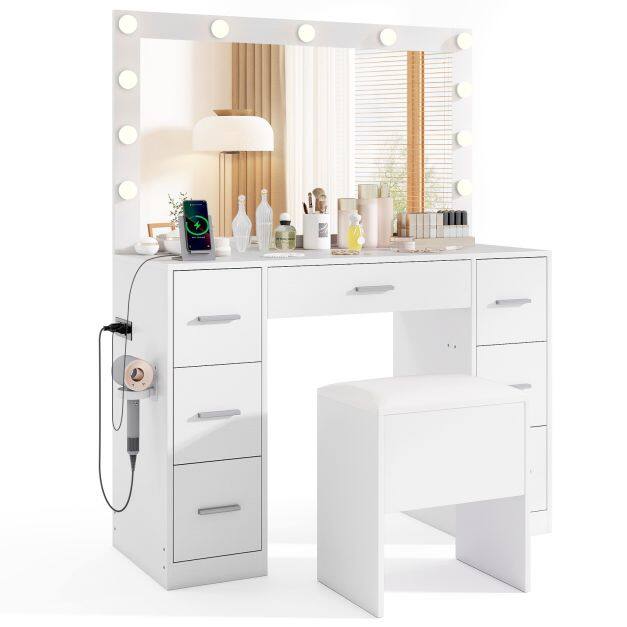 Costway Vanity Desk with Mirror and Lights Makeup Table Set with Storage Stool-White Costway Vanity Desk with Mirror and Lights Makeup Table Set with Storage Stool-White