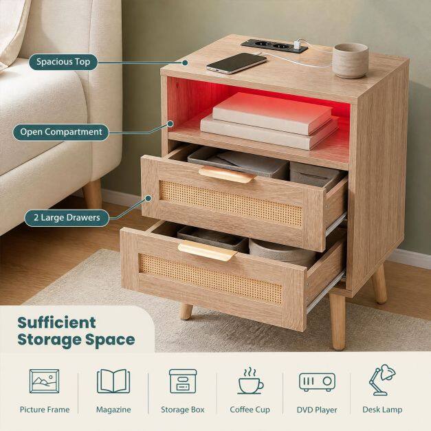 2 Pack LED Lights Rattan Bedside Table with Charging Station 2 Drawers