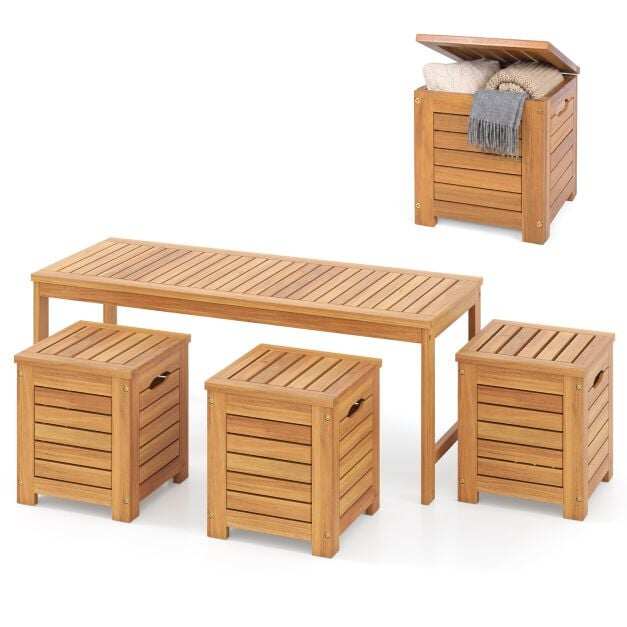 Acacia wood garden bench, 3 seats, 3 storage boxes, 360 kg load capacity, 115×45 cm, natural finish