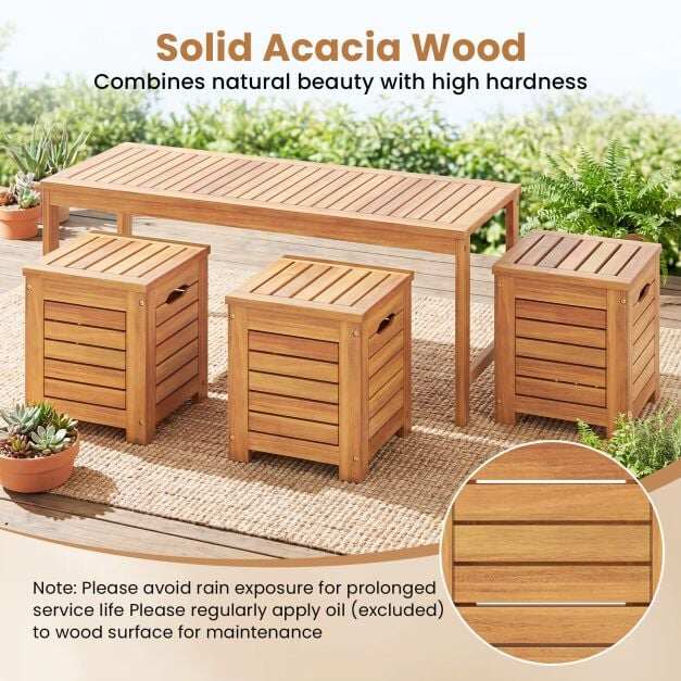 Akaatsiapuidust aiapink, 3 istet, 3 hoiukasti, kandevõime 360 ​​kg, 115x45 cm, naturaalne viimistlus