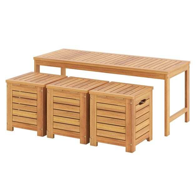 Akaatsiapuidust aiapink, 3 istet, 3 hoiukasti, kandevõime 360 ​​kg, 115x45 cm, naturaalne viimistlus