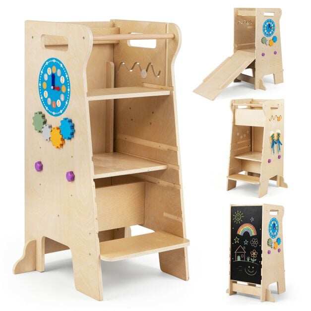 4-in-1 Toddler Tower with Chalkboard Slide Montessori Games