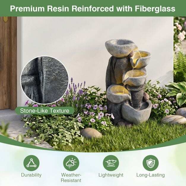 44.5 cm 5-Tier Outdoor Water Fountain with LED Lights and  with Pump for Patio