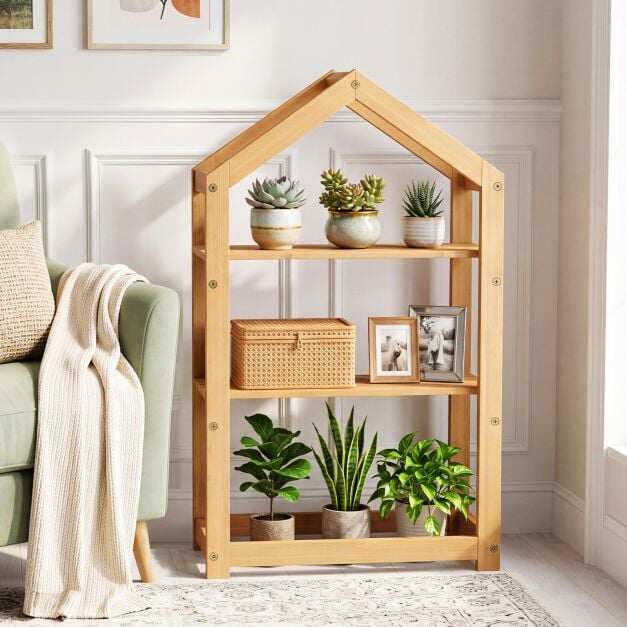 75 cm House-Shaped Plant Stand with Solid Acacia Wood Frame 75 cm House-Shaped Plant Stand with Solid Acacia Wood Frame