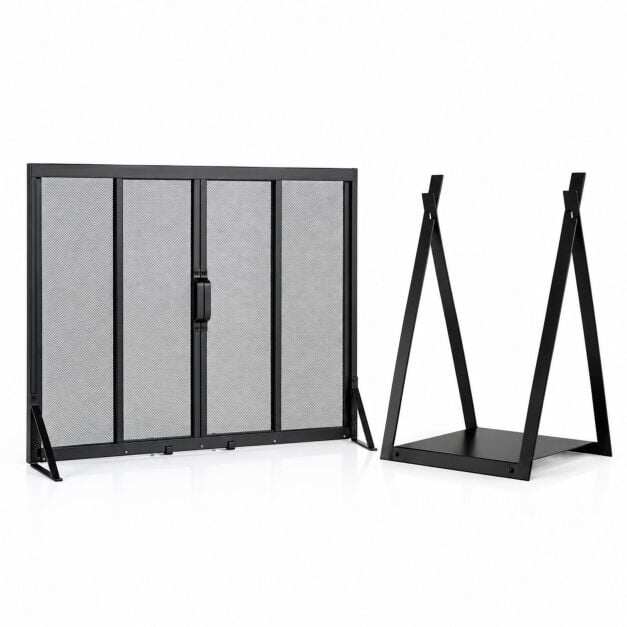 Firewood Log Rack with Solid Bottom Panel and Fireplace Screen
