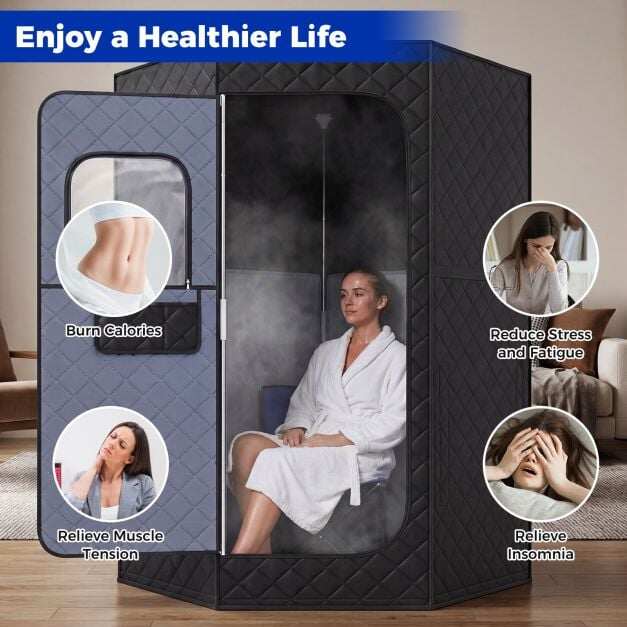 Portable Far Infrared Sauna Box with Heated Foot Pad and Remote Control-Black