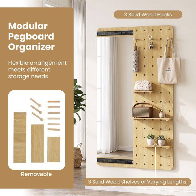 Costway Solid Wood Full Length Mirror with Pegboard & Shelves and Hooks for Entryway-Natural Costway Solid Wood Full Length Mirror with Pegboard & Shelves and Hooks for Entryway-Natural