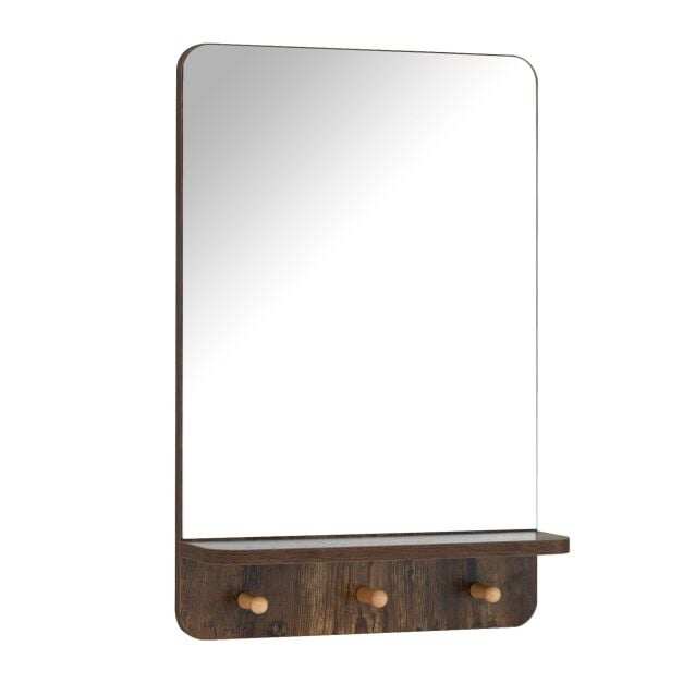 Wall Mirror with Shelf and 3 Hooks 39.5 x 60 CM Wooden Frameless Decorative Mirror-Brown Wall Mirror with Shelf and 3 Hooks 39.5 x 60 CM Wooden Frameless Decorative Mirror-Brown