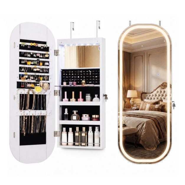 Wall and Door Mounted Jewelry Cabinet with 3-Color Adjustable Full-Length Mirror-White Wall and Door Mounted Jewelry Cabinet with 3-Color Adjustable Full-Length Mirror-White