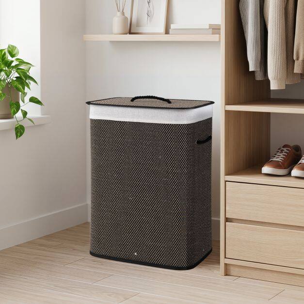 19 Gal Capacity Bamboo Clothes Hamper with Removable Liner and Portable Handles-Black 19 Gal Capacity Bamboo Clothes Hamper with Removable Liner and Portable Handles-Black