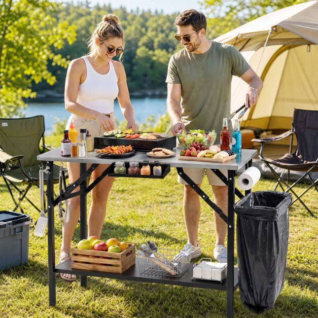 Kokkupandav matkalaud ühe roostevabast terasest töötasapinnaga. Kaasaskantav grilllaud vürtsirestiga.