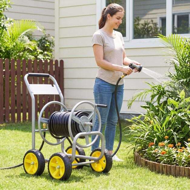 Garden Hose Reel Cart 4 Wheels 100 m of 16 mm Large Capacity-Silver Garden Hose Reel Cart 4 Wheels 100 m of 16 mm Large Capacity-Silver