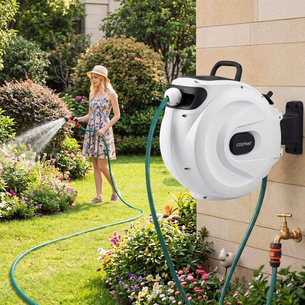 Retractable Garden Hose Reel 1.5 cm x 30 m Heavy Duty Wall Mount Hose Reel-White Retractable Garden Hose Reel 1.5 cm x 30 m Heavy Duty Wall Mount Hose Reel-White
