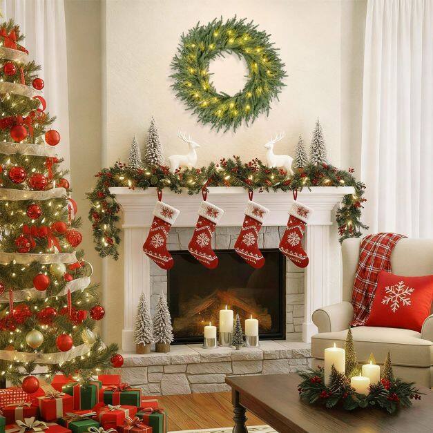 24 Inch Pre-lit Christmas Wreath with 108 Branch Tips and 35 Warm White LED Lights for Wall Window-1 piece