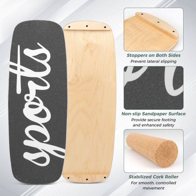 Wooden Balance Board Trainer with Cork Roller and Stoppers for Snowboard Training-Black