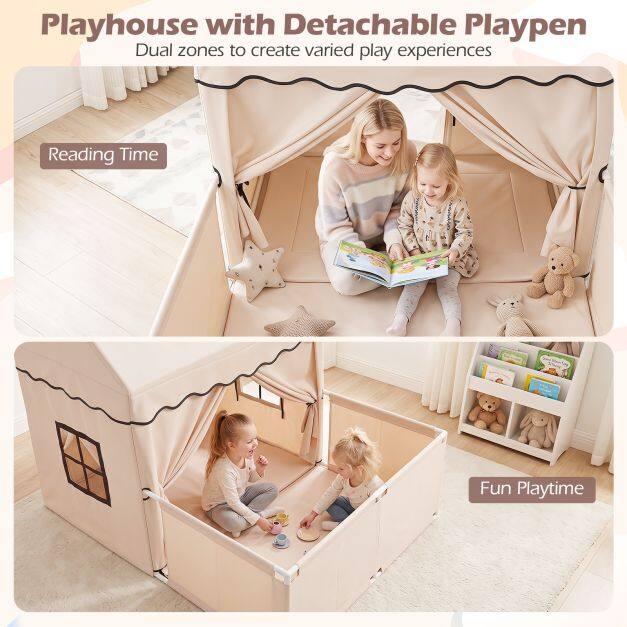 Children's play tent with additional backyard playhouse with padded mat, beige + grey Children's play tent with additional backyard playhouse with padded mat, beige + grey