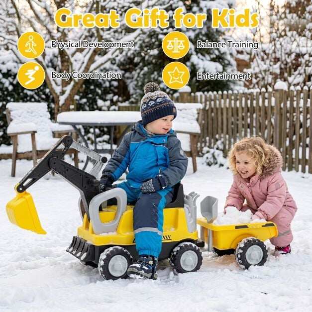 2-In-1 Kids Ride on Tractor with Digging Arm and Detachable Trailer-Yellow