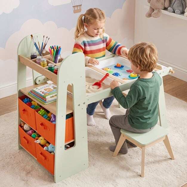Laste sensoorse kunsti laua, 2 tooli komplekt, paberrulltahvli ja 2 eemaldatava tegevuskausiga - roheline