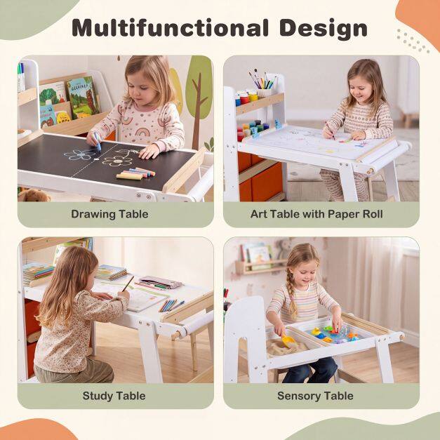 Kids Sensory Art Table 2 Chairs Set with Paper Roll Blackboard and 2 Detachable Activity Basins-White Kids Sensory Art Table 2 Chairs Set with Paper Roll Blackboard and 2 Detachable Activity Basins-White