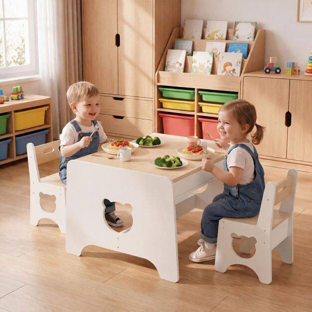 Wooden Kids Table and 2 Chair Set Ages 3-6 Bear-Themed Toddler Activity Desk-Natural Wooden Kids Table and 2 Chair Set Ages 3-6 Bear-Themed Toddler Activity Desk-Natural