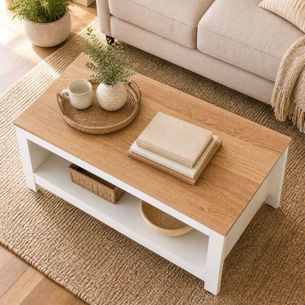 Coffee table with storage, 2-tier living room table, 105 x 60 x 46 cm, white
