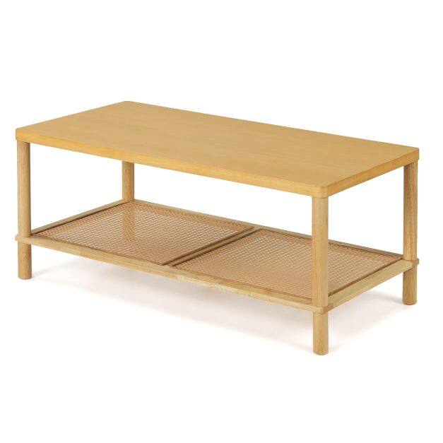 2-Tier Boho Coffee Table for Living Room Rectangular Center Table with Rubber Wood Frame and PVC Rattan Storage Shelf-Natural