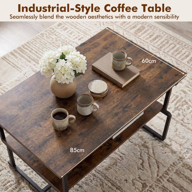2-Tier Industrial Coffee Table with Heavy-Duty Metal Frame for Small Spaces-Rustic Brown