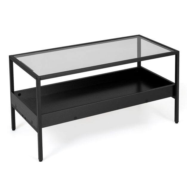 2-Tier Rectangular Glass Coffee Table with Storage Shelf for Living Room-Black