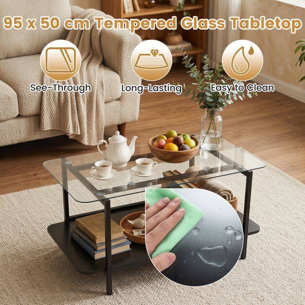 2-Tier Tempered Glass Coffee Table 95cm with Storage Shelf for Living Room-Black
