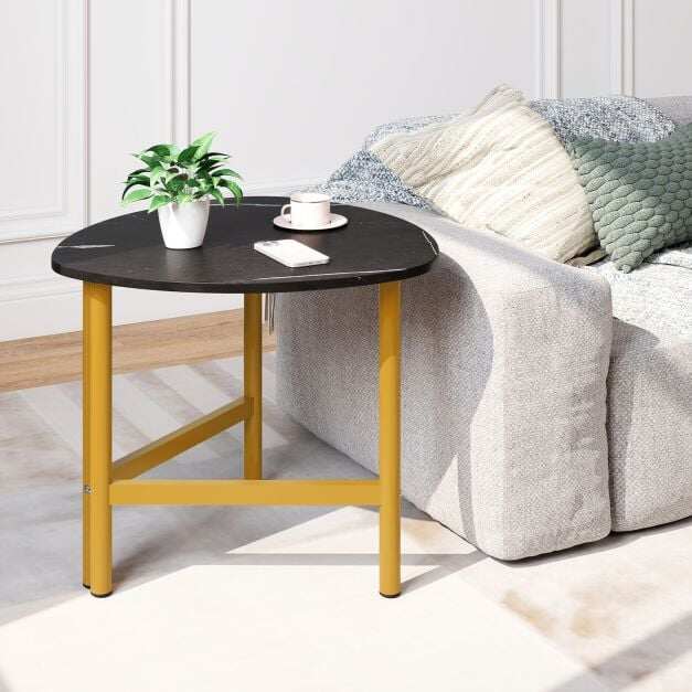 Triangular coffee table with oval metal legs, industrial centerpiece, Triangular wooden cocktail table for living room, small spaces, black