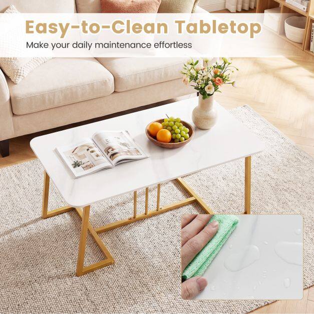 Coffee table with large marble-effect top and gold metal legs, Rectangular coffee table with modern design