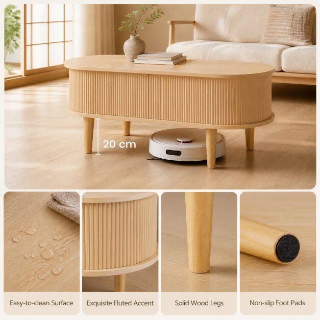 43.5″ Oval Lift Top Coffee Table with Storage and Fluted Design for Living Room-Natural