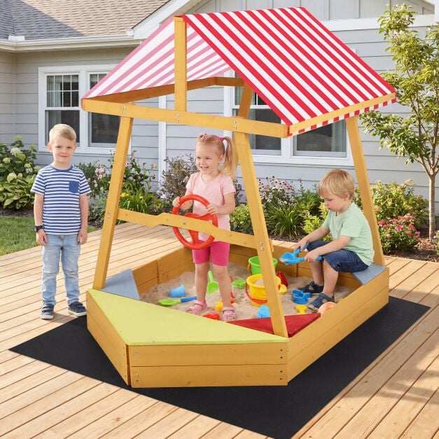 Wooden Ship-shaped Sandpit with Steering Wheel for Aged 18 Months+-Yellow Wooden Ship-shaped Sandpit with Steering Wheel for Aged 18 Months+-Yellow