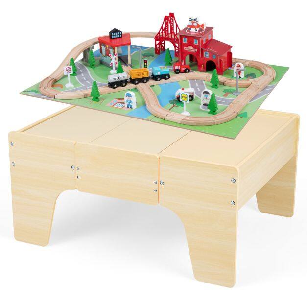 63-Piece Kids Wooden Train Table with Storage Drawer for Game Room-Natural