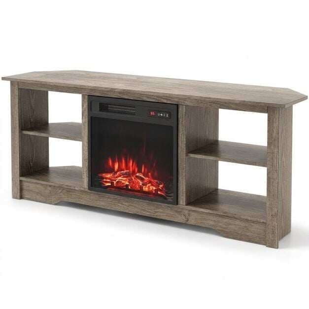 Electric Fireplace and TV Stand Bundle with Open Storage Shelves-Grey Electric Fireplace and TV Stand Bundle with Open Storage Shelves-Grey