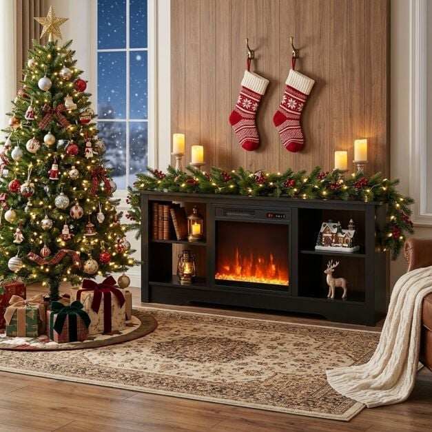 TV Stand and Electric Fireplace Set with Adjustable Flame Effects-Black TV Stand and Electric Fireplace Set with Adjustable Flame Effects-Black