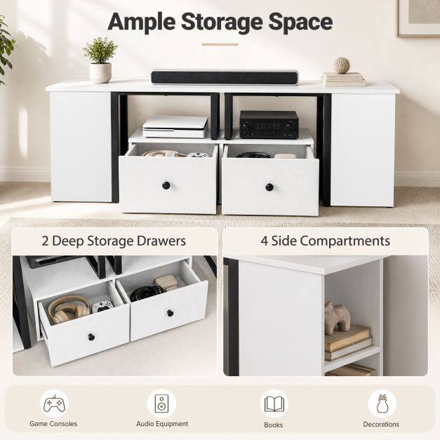 Wooden TV cabinet/lowboard with 2 large drawers and 4 open side compartments, white Wooden TV cabinet/lowboard with 2 large drawers and 4 open side compartments, white