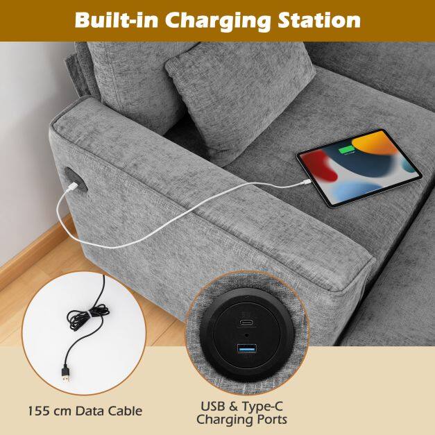 Modulaarne diivan U-kujuline diivan USB ja C-tüüpi laadimisportidega, kahekohaline lamamistool elutuppa, hall