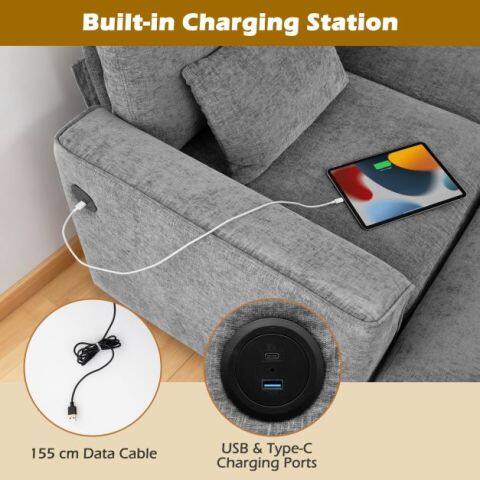 Modulaarne diivan U-kujuline diivan USB ja C-tüüpi laadimisportidega, kahekohaline lamamistool elutuppa, hall