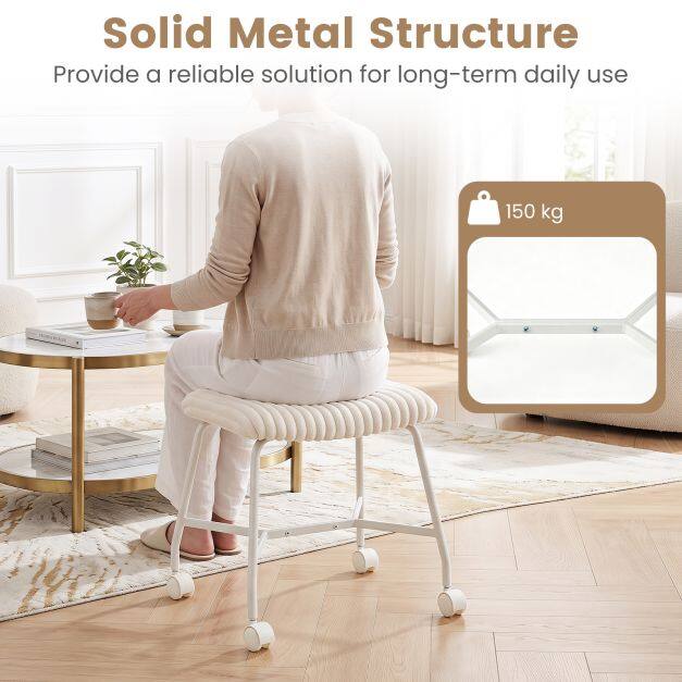Costway Set of 2 upholstered rolling stools with curved seat and 4 smooth-rolling casters, white