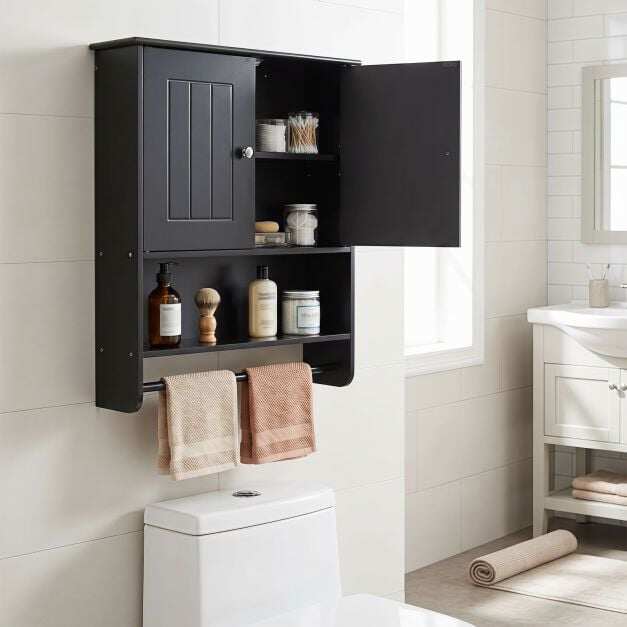 Bathroom Wall Cabinet with 2 Doors Open Shelf and Towel Bar-Black Bathroom Wall Cabinet with 2 Doors Open Shelf and Towel Bar-Black