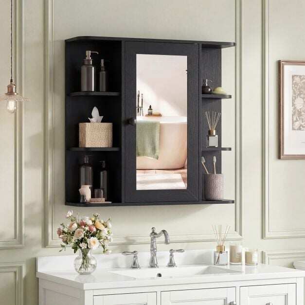 Bathroom Wall Cabinet with Mirror 3 Internal Shelves-Black Bathroom Wall Cabinet with Mirror 3 Internal Shelves-Black