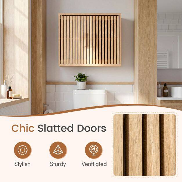Bathroom Wall Cabinet with 2 Slatted Doors and 3-Level Adjustable Shelves-Natural