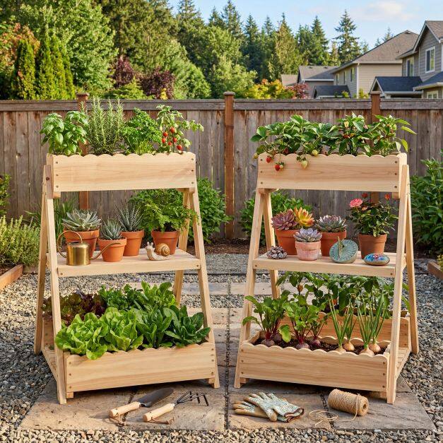 3-Tier Raised Garden Bed with 3 Planter Boxes and 2 Storage Shelves-Natural 3-Tier Raised Garden Bed with 3 Planter Boxes and 2 Storage Shelves-Natural