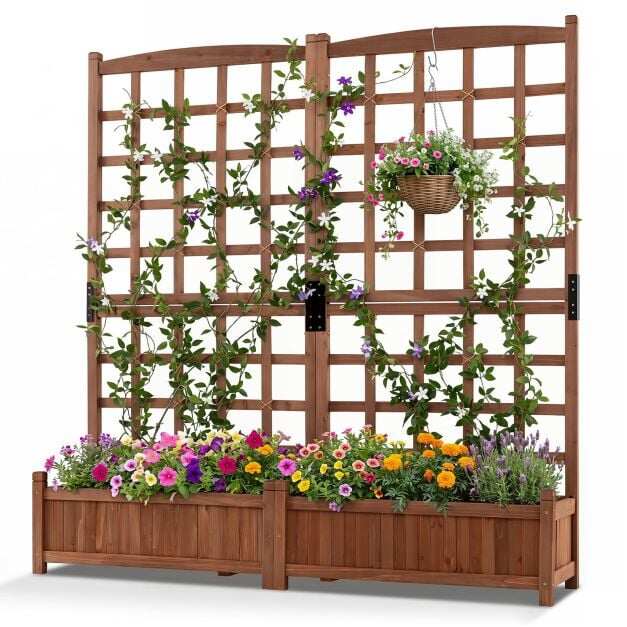 Outdoor Dual Wooden Raised Garden Bed with Trellis and Drainage Holes-Rustic Brown Outdoor Dual Wooden Raised Garden Bed with Trellis and Drainage Holes-Rustic Brown