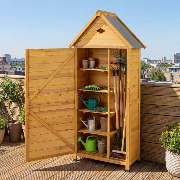 Garden shed made of spruce wood with lockable door, 4 removable shelves, and air vent. Garden shed made of spruce wood with lockable door, 4 removable shelves, and air vent.