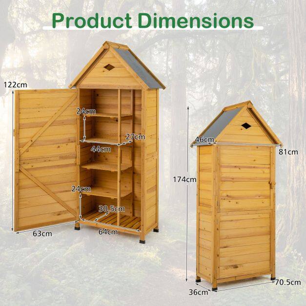 Garden shed made of spruce wood with lockable door, 4 removable shelves, and air vent.